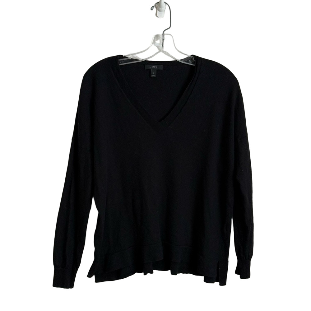 J. Crew Black 100% Merino Wool V-Neck Sweater Drop Shoulder Woman's Size Large